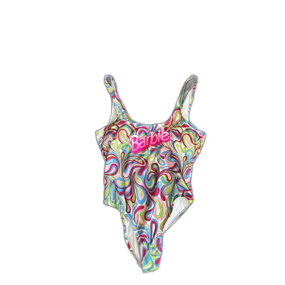 New Fashion Nova colorful psychedelic swirl Barbie logo one-piece swimsuit L